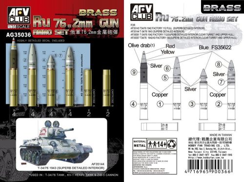 AFV Club AG35036 Russian 76.2mm Gun AMMO Set (Brass) 1/35 lőszer makett