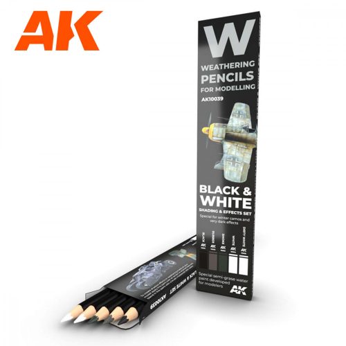 AK Interactive AK10039 Watercolor Pencil Set: Black & White / Shading & Effects Set - Fekete/fehér árnyékolás szett, Weathering ceruza szett