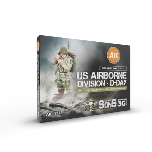 AK Interactive AK11778 US AIRBORNE DIVISION, D-DAY WARGAME STARTER SET 14 COLORS & 1 FIGURE (EXCLUSIVE 101ST RADIO OPERATOR) akril makett festék készlet