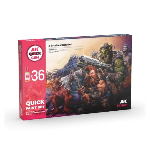 AK Interactive AK17601 QUICK PAINT SET-36 QUICK GEN COLORS (+2 FREE BRUSHES) - akril makett festék készlet