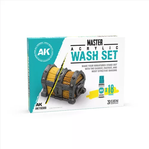 AK Interactive AK19300 MASTER ACRYLIC WASH SET - FULL RANGE (18 COLORS) - Akril bemosó folyadék készlet