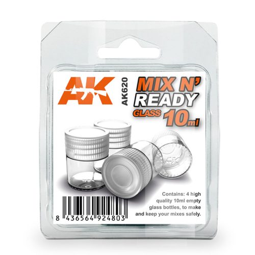 AK Interactive AK620 MIX N’ READY GLASS 10ML - Tárolópalack csavaros tetővel, 10 ml