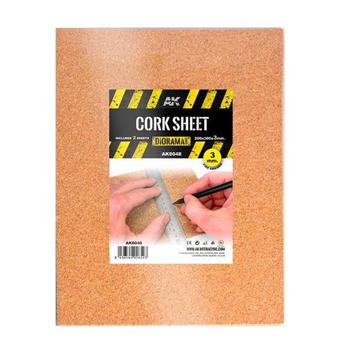 AK Interactive AK8048 CORK SHEETS - FINE GRAINED - 200 x 300 x 3mm (2 SHEETS) - 3 mm vastag parafa lap, 2 db