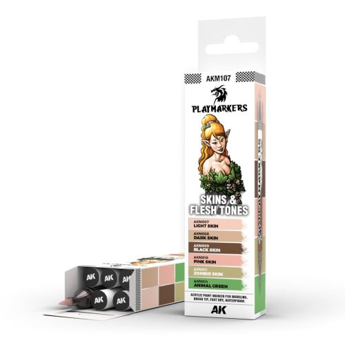 AK Interactive AKM107 SKINS & FLESH TONES - PLAYMARKER SET - Ecsetes végű festékfilc készlet makettezéshez