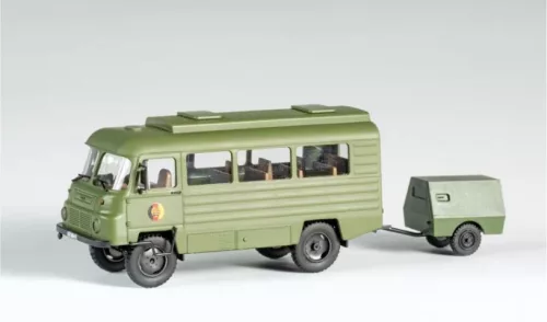 Auhagen 66051 Robur LO 2002 Allrad, katonai busz, kompresszor utánfutóval - NVA (TT)  Építőkészlet