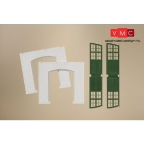 Auhagen 80705 Dekorlap, vakolt téglafal gyárkapuval 2326C, zöld ajtókkal (H0)