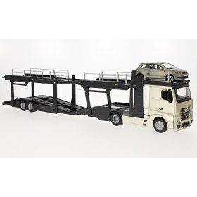   Bburago Mercedes-Benz Actros 2545 autószállító teherautó, pótkocsival - Volkswagen Polo V GTI személyautóval (18-31458) (1:43)