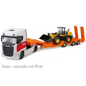   Bburago Scania S730 Highline nyergesvontató, Tieflade-Sattelzug mit Radlader weiss,  (18-32313) (1:43)