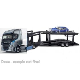   Bburago Iveco S-Way 570 nyergesvontató, autószállító félpótkocsival, ezüst/kék (18-31475) (1:43)