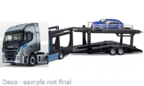 Bburago Iveco S-Way 570 nyergesvontató, autószállító félpótkocsival, ezüst/kék (18-31475) (1:43)