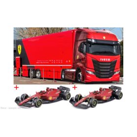   Bburago Iveco S-Way 570 nyergesvontató, versenyautószállító félpótkocsival, 2 db F1-75 Ferrari Formula-1 autóval (18-36847) (1:43)