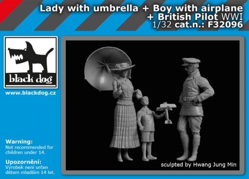 Black Dog F32096 Lady with umbrella+boy with airplane+british pilot WW I dioráma makett kiegészítő (1/32)