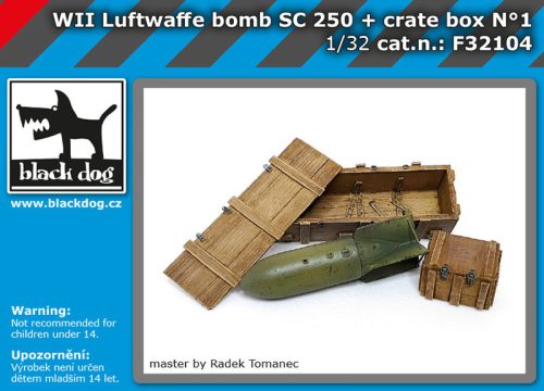 Black Dog F32104 WW II Luftwaffe bomb SC 250 + crate box N°1 dioráma makett kiegészítő (1/32)