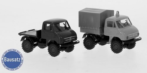 Brekina 10217 Mercedes Unimog 411 platós teherautó és tűzoltóautó, 1955 (H0) - Építőkészlet