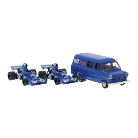   Brekina 22871 Set Tyrrell 006 1973, 2 Forma-1 versenyautó és Ford dobozos furgon (H0)