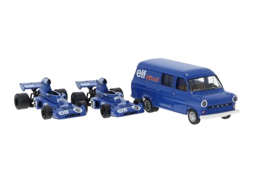 Brekina 22871 Set Tyrrell 006 1973, 2 Forma-1 versenyautó és Ford dobozos furgon (H0)