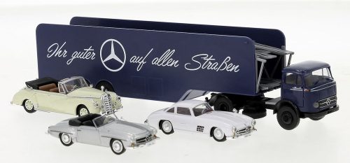 Brekina 48044 Mercedes-Benz LPS 338 nyergesvontató 1962, autószállító félpótkocsival, 3 