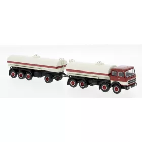   Brekina 58550 Fiat 691 Millepiedi 1970 üzemanyagszállító teherautó pótkocsival, fehér/piros (H0)