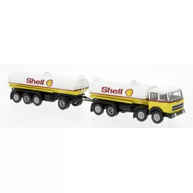   Brekina 58555 Fiat 691 Millepiedi 1970 üzemanyagszállító teherautó pótkocsival, fehér/sárga - Shell (H0)