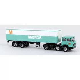   Brekina 58582 Fiat 691T nyergesvontató, hűtődobozos félpótkocsival "Migros" (CH), 1970 (H0)
