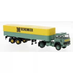   Brekina 83253 Magirus-Deutz 310 D16 nyergesvontató, ponyvás félpótkocsival - Schenker, 1974 (H0)