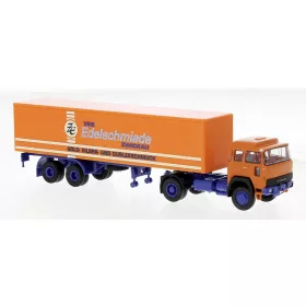   Brekina 83259 Magirus-Deutz 310 D nyergesvontató, dobozos félpótkocsival - Edelschmiede / Deutrans, 1974 (H0)