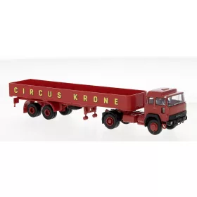   Brekina 83261 Magirus-Deutz 310 D16 nyergesvontató, platós félpótkocsival - Circus Krone, 1974 (H0)