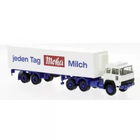   Brekina 83278 Magirus-Deutz 310 D22 nyergesvontató, hűtődobozos félpótkocsival - Moha Milch, 1974 (H0)