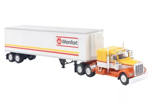 Brekina 86257 Kenworth W900 nyergesvontató, dobozos félpótkocsival - Monfort (H0)