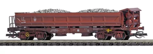 Busch 31425 Oldalürítős négytengelyes teherkocsi, Fakks, ágyazatkő rakománnyal, DR (E4) (TT)