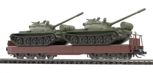 Busch 31650 Nehézteherszállító pőrekocsi, hattengelyes Samm, T-55A harckocsi rakománnyal, DR (E4) (TT)
