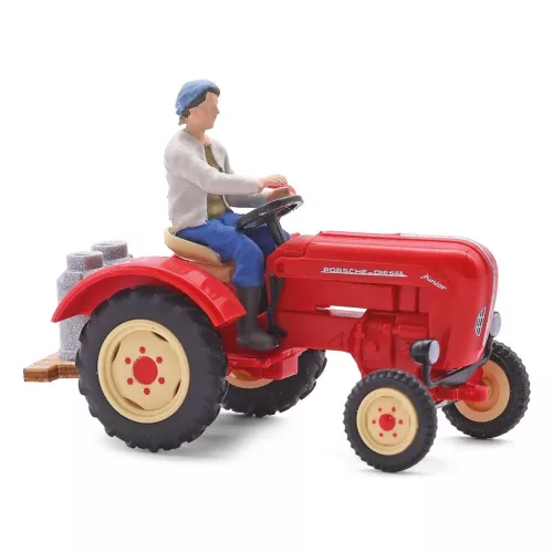 Busch 50013 Porsche Junior K (1957) traktor, parasztasszony vezetővel és tejeskannákkal (H0)