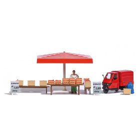   Busch 7913 Action-Set: Piaci földieper stand Piaggio furgonnal (H0)
