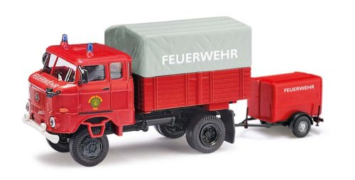 Busch 95280 IFA W50 LA tűzoltóautó, Hilfsrüstwagen FFW Euba, TSA utánfutóval (H0)