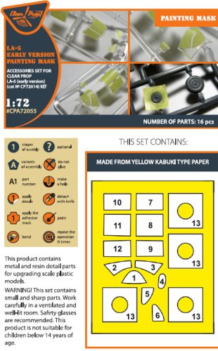 Clear Prop CPA72055 La-5 (early version) painting mask on "yellow kabuki paper" for CP kit CP72014 (1/72)
