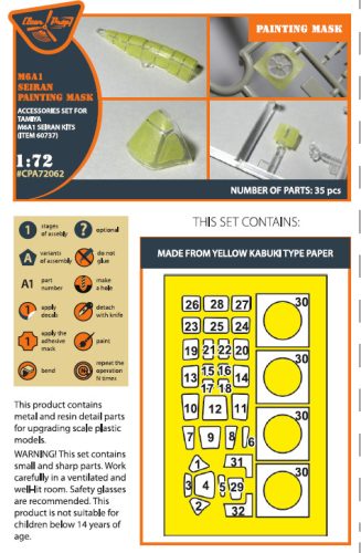 Clear Prop CPA72062 M6A1 Seiran painting mask on "yellow kabuki paper" for Tamiya kit 60737 (1/72)