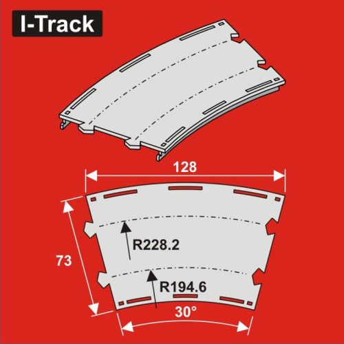 I-Track Curved Double-track,R194,6/228,2mm, W.73m,30°,6pcs (HCT9975D)