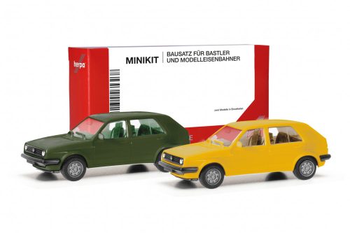 Herpa 012195-010 Minikit: Volkswagen Golf II, 4-ajtós, 2 db - zöld és sárga színben (H0)