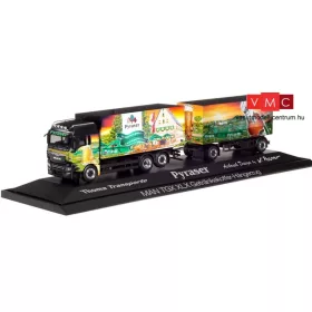Herpa 121941 MAN TGX XLX dobozos teherautó pótkocsival - Pyraser Brauerei / Thoma Transporte 