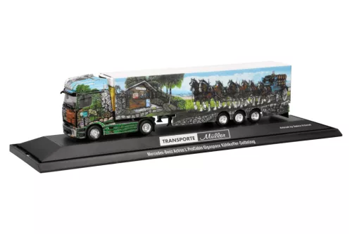 Herpa 122375 Mercedes-Benz Actros L ProCab Gigaspace, dobozos félpótkocsival - Müller Transporte Essen (H0) - PC