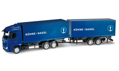 Herpa 302333 Mercedes-Benz Actros Streamspace ponyvás teherautó, tandem-pótkocsival - Kuhne 