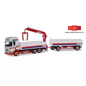   Herpa 309714 Scania CR HD platós teherautó rakodódaruval és pótkocsival - Spedition Fürmetz (H0)