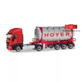   Herpa 309813 Iveco Stralis XP nyergesvontató, tartálykonténerszállító félpótkocsival - Hoyer Chemie (H0)