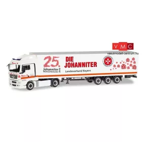   Herpa 309851 MAN TGX XLX nyergesvontató, dobozos félpótkocsival - Johanniter LV Bayern / Weihnachtstrucker (H0)