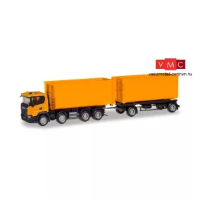 Herpa 309950 Scania CG 17 8x4 legördíthető konténerszállító teherautó pótkocsival, kom