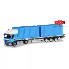 Herpa 310093 Iveco Stralis XP nyergesvontató, platós félpótkocsival, 2 x 20 lábas konténe