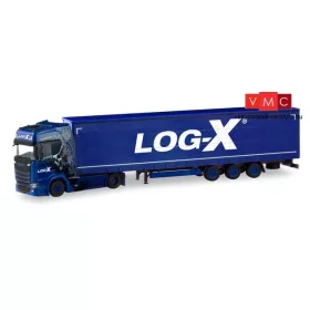 Herpa 310413 Scania CS 20 HD nyergesvontató, Lowliner ponyvás félpótkocsival, Log-X / I am 