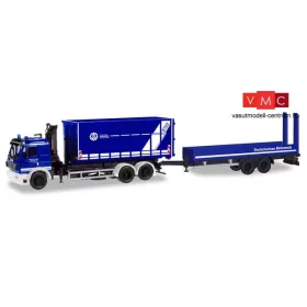   Herpa 310482 Mercedes-Benz SK 1994 cserefelépítményszállító teherautó rakodódaruval, pótkocsival - THW München Land (H0)