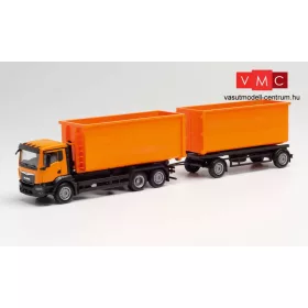   Herpa 311380 MAN TGX NN legördíthető konténerszállító teherautó pótkocsival, kommunálsárga (H0)
