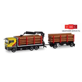 Herpa 311489 MAN TGX XL E6c rönkfaszállító teherautó pótkocsival - Mengel Holztransporte 
